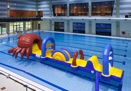 Encomende o Obstacle Run inflável exclusivo no tema caranguejo com objetos desafiadores de obstáculos para jovens e idosos. Compre atrações aquáticas infláveis ​​online agora na JB Insuflaveis Portugal