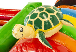 Compre um castelo insuflável com tema tropical com escorregador para as crianças. Encomende castelos insufláveis ​​online na JB Insufláveis ​​Portugal