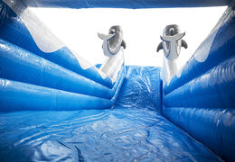 Obtenha seu escorregador inflável de golfinhos com cores alegres, objetos 3D e impressão divertida na parede lateral online agora. Ordene escorregadores infláveis ​​na JB Insuflaveis Portugal