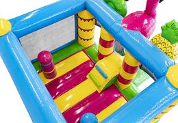 Compre um pequeno castelo insuflável com tema de flamingo e escorregador para crianças. Encomende castelos insufláveis online na JB Insufláveis Portugal