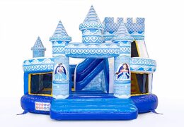 Compre um castelo insuflável de princesa multifuncional azul com um escorregador para crianças. Encomende castelos insufláveis ​​online na JB Insufláveis ​​Portugal