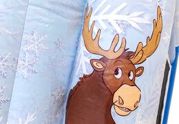 Compre um castelo insuflável multijogador interno com tema de gelo azul e branco com um escorregador e objetos 3D para crianças. Encomende castelos insufláveis ​​online na JB Insufláveis ​​Portugal