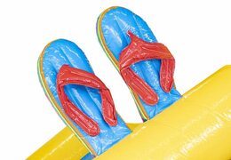 Opblaasbaar springkussen duck world geel blauw met eend erop bestellen voor kinderen