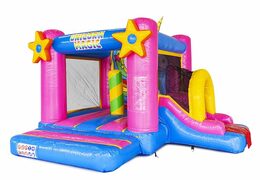 encomende um pequeno segurança inflável com slide no tema unicórnio