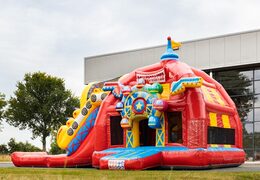 Compre Multiplay super inflável castelo inflável com escorregador no tema montanha-russa vermelho para crianças