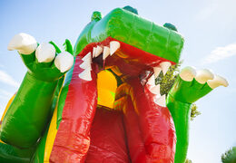 Almofada de ar inflável multiplay com slide em tema dino verde amarelo para venda