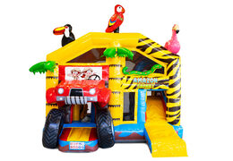 Compre almofada de ar inflável com teto e escorrega no tema safari com animais 3d em cima para crianças