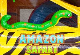 Almofada de ar inflável com teto e escorregador no tema safari com animais 3d em cima para venda para crianças
