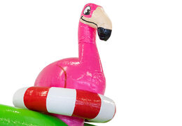 Compre um insuflável insuflável no tema Flamingo com estampas a condizer com o tema para crianças. Encomende castelos insufláveis ​​online na JB Insuflaveis Portugal