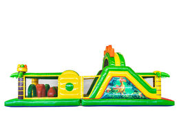 Ordene um 13 metros castelo inflável com pista de obstáculo no tema Dinossauro para crianças. Compre pistas de obstáculos infláveis ​​agora online em JB Insuflaveis Portugal