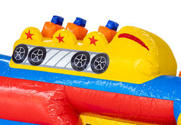 Carrinho de montanha-russa em pista de obstáculos inflável azul vermelho amarelo