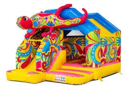 Castelo inflável combo de escorregador com cores amarelo, azul, rosa e flores