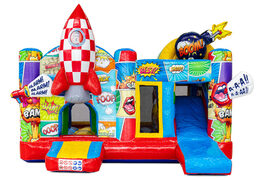 Pula-pula multiplay com tema de quadrinhos, apresentando foguete e personagens de desenhos animados