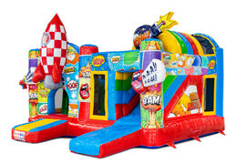 Encomende online o multiplay com tema de quadrinhos, apresentando um escorregador e objetos de jogo