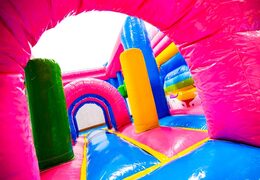 Interior do castelo inflável Dubbelslide Multiplay azul amarelo rosa