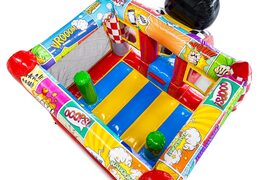 Compre o castelo insuflável Midi Bounce com design de quadrinhos, perfeito para locadoras