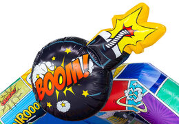 Compre o castelo insuflável A-frame no tema quadrinhos na JB Inflatables, chamativo e colorido