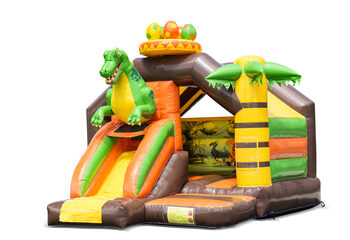 Compre o slide combo castelo insuflável temático de dinossauros na JB Insufláveis ​​Portugal. Encomende castelos insufláveis com dinossauros verdes online na JB Insufláveis ​​Portugal