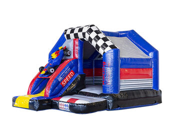 Compre um pequeno castelo insuflável multijogador interno com escorregador na fórmula 1 do tema para crianças. Encomende castelos insufláveis com escorregador na JB Insufláveis ​​Portugal