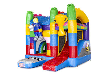 Compre um pequeno castelo insuflável multijogador interno com o tema Lego superblocos com escorregador para crianças. Encomende castelos insufláveis ​​online na JB Insufláveis ​​Portugal