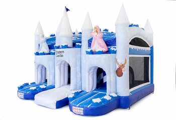 Compre um grande castelo insuflável multijogador coberto azul e branco com escorregador em gelo temático congelado para crianças. Encomende castelos insufláveis ​​online na JB Insufláveis ​​Portugal