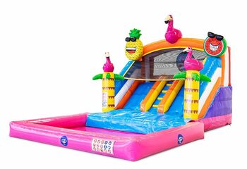 Compre um castelo insuflável do toboágua com um objeto 3D de um grande flamingo no topo na JB Insufláveis ​​Portugal. Encomende castelos insufláveis online na JB Insufláveis ​​Portugal agora