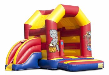 Castelo insuflável multifun da Midi com tema de circo e telhado, para crianças à venda. Disponível online em JB Insufláveis ​​Portugal