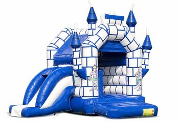 Castelo insuflável multifun da Midi no tema do castelo em uma combinação de cores de azul e branco, para crianças à venda. Disponível online em JB Insufláveis ​​Portugal