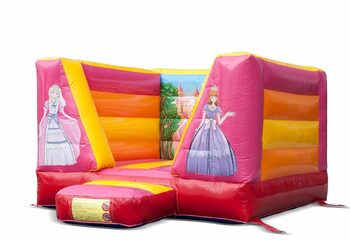 Compre um pequeno castelo insuflável aberto rosa, amarelo e laranja com tema princesa para crianças. Bounce houses estão disponíveis online em JB Insufláveis ​​Portugal
