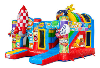 Encomende online o multiplay com tema de quadrinhos, apresentando um escorregador e objetos de jogo