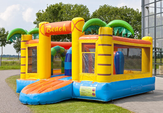 Tobogán inflable multifuncional en un tema de playa con una piscina de chapoteo, un objeto 3D impresionante, colores frescos y los obstáculos 3D para niños. Ordene toboganes inflables ahora en línea en JB Insuflaveis Portugal