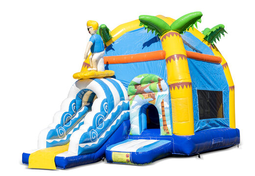 Compre castelo insuflável  multiplay interno super no tema praia com escorregador para crianças. Encomende castelos insufláveis ​​online na JB Insufláveis Portugal