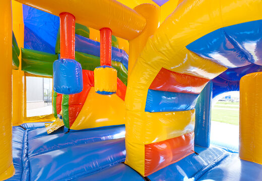 Castelo insuflável  médio com tema de palhaço com escorregador e pilares na superfície de salto, compre para crianças. Encomende castelos insufláveis ​​online na JB Insufláveis ​​Portugal