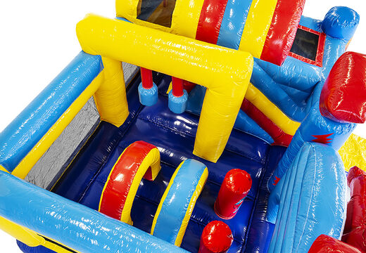 Compre um castelo insuflável com tema de super-herói inflável médio e escorregador para crianças. Encomende castelos insufláveis ​​online na JB Insufláveis ​​Portugal