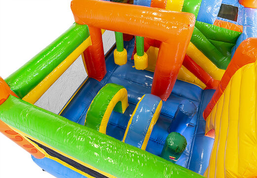 Castelo insuflável multijogador médio com tema de festa e escorregador para crianças. Encomende castelos insufláveis ​​online na JB Insufláveis ​​Portugal