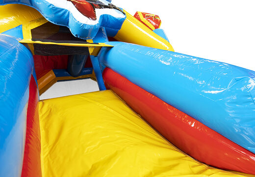 Castelo insuflável de combinação de slides com tema de super-heróis para crianças à venda. Encomende castelos insufláveis ​​com escorregadores agora na JB Insufláveis ​​Portugal