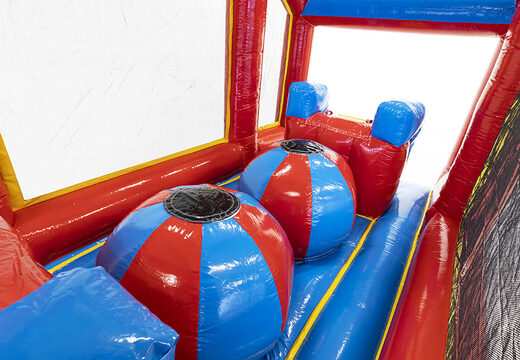 Pista de obstáculo modular inflável de 19 metros com tema montanha-russa, objetos 3D e percurso duplo em diferentes temas para crianças. Compre pistas de obstáculos infláveis ​​online agora na JB Insuflaveis Portugal