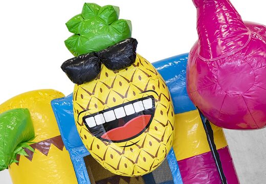 Compre um pequeno castelo insuflável multijogador no tema flamingo com escorregador para crianças. Castelos insufláveis com escorregador à venda na JB Insufláveis Portugal