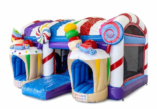 Compre um grande castelo insuflável multijogador interno com slide no tema candyland para crianças. Encomende castelos insufláveis ​​online na JB Insufláveis ​​Portugal