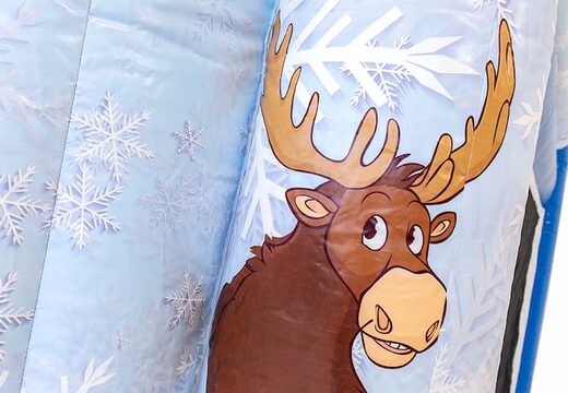 Compre um castelo insuflável multijogador interno com tema de gelo azul e branco com um escorregador e objetos 3D para crianças. Encomende castelos insufláveis ​​online na JB Insufláveis ​​Portugal