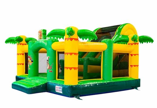 Compre um grande castelo insuflável slidebox multijogador aberto com o tema slide na selva para crianças. Encomende insufláveis ​​online na JB Insufláveis ​​Portugal