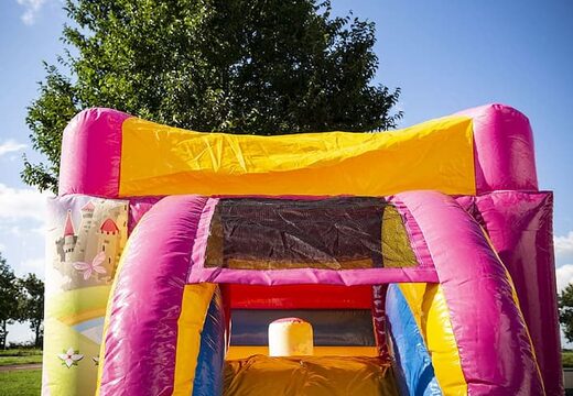 Compre um pequeno castelo insuflável multifunções amarelo e rosa com o tema do conto de fadas da princesa. Encomende castelos insufláveis ​​online na JB Insufláveis ​​Portugal