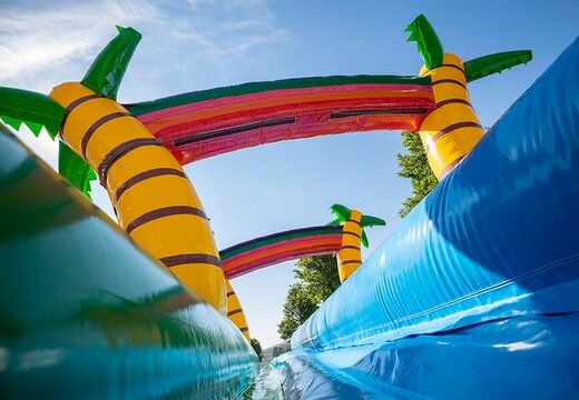Compre o castelo insuflável Drop & Slide Jungle com escorregador duplo para crianças. Encomende castelos insufláveis ​​online na JB Insufláveis Portugal