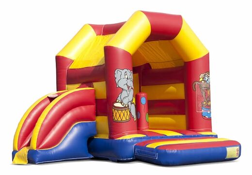 Castelo insuflável multifun da Midi com tema de circo e telhado, para crianças à venda. Disponível online em JB Insufláveis ​​Portugal