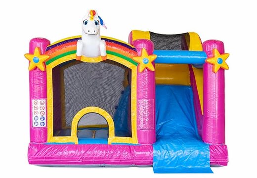 Opblaasbaar Jumpy Happy Splash roze springkussen met waterbad bestellen in thema unicorn eenhoorn regenboog rainbow voor kinderen bij JB Inflatables