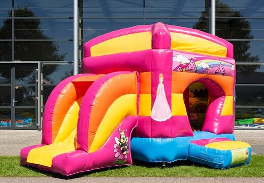 Klein overdekt opblaasbaar multiplay springkussen met slide kopen in thema prinses roze voor kinderen