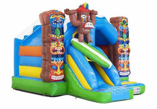 Castelo inflável inflável com slide no tema aloha com surfista e totem para venda