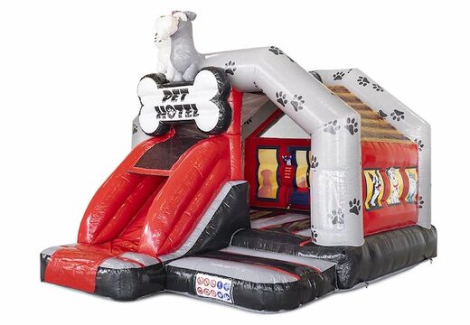 Encomende a combinação de escorregador inflável com slide no tema do hotel animal para crianças