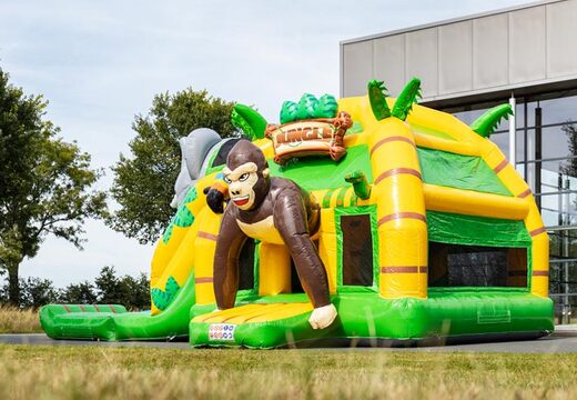 Compre uma espreguiçadeira multi super inflável com escorregador no tema da selva verde amarelo para crianças