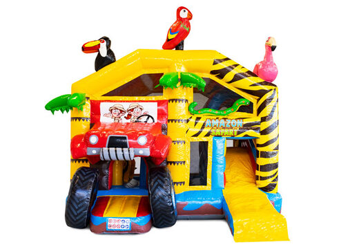 Compre almofada de ar inflável com teto e escorrega no tema safari com animais 3d em cima para crianças